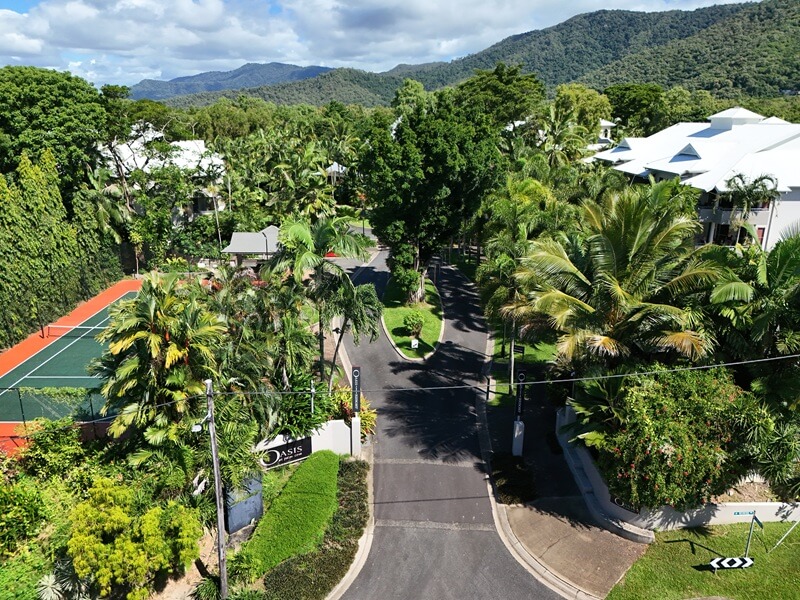 Aerial view of entrance to Oasis Palm Cove