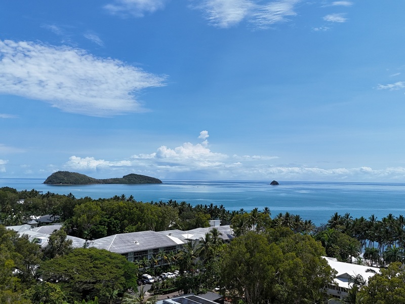 Looking north to double island from overhead Oasis Palm Cove